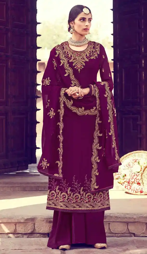 Wine Color Georgette Designer Pakistani Style Palazzo Salwar Suit -pf75695483