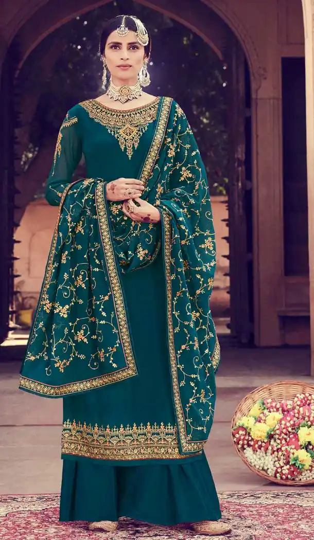 Teal Blue Color Georgette Designer Pakistani Style Palazzo Salwar Suit -pf75695484