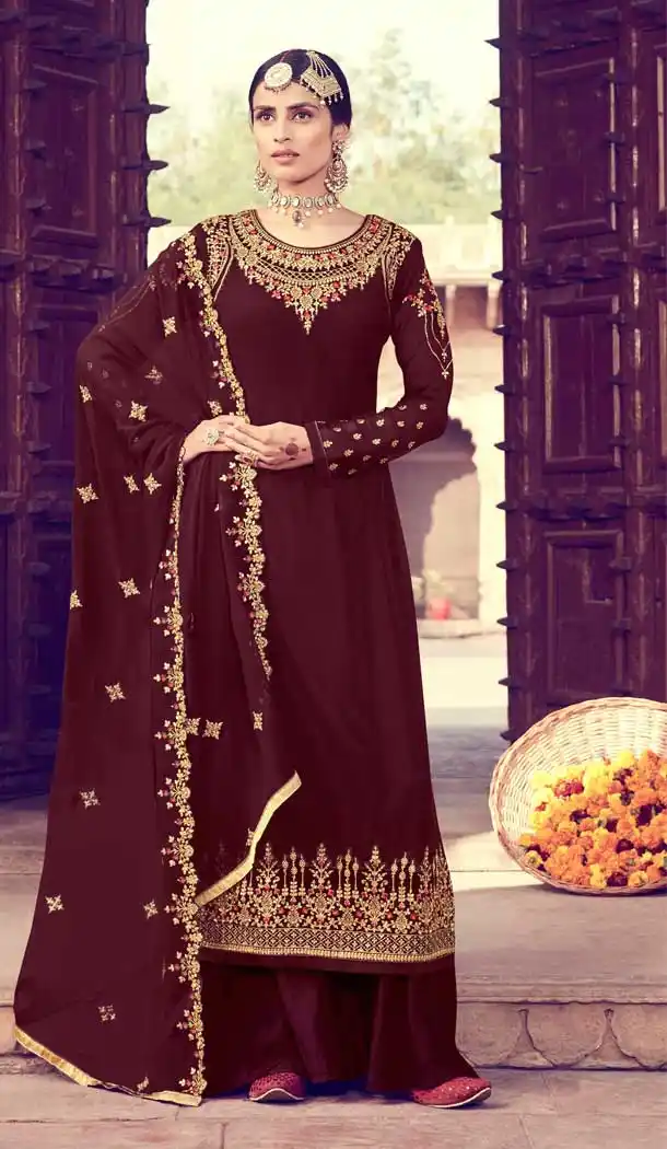 Maroon Color Georgette Designer Pakistani Style Palazzo Salwar Suit -pf75695486