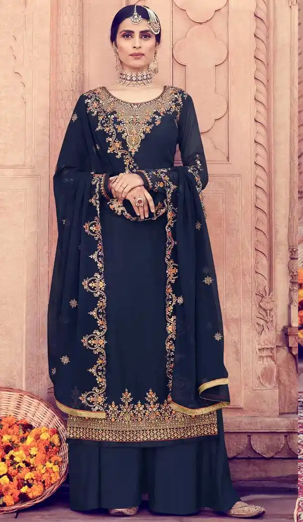Navy Blue Color Georgette Designer Pakistani Style Palazzo Salwar Suit -pf75695487