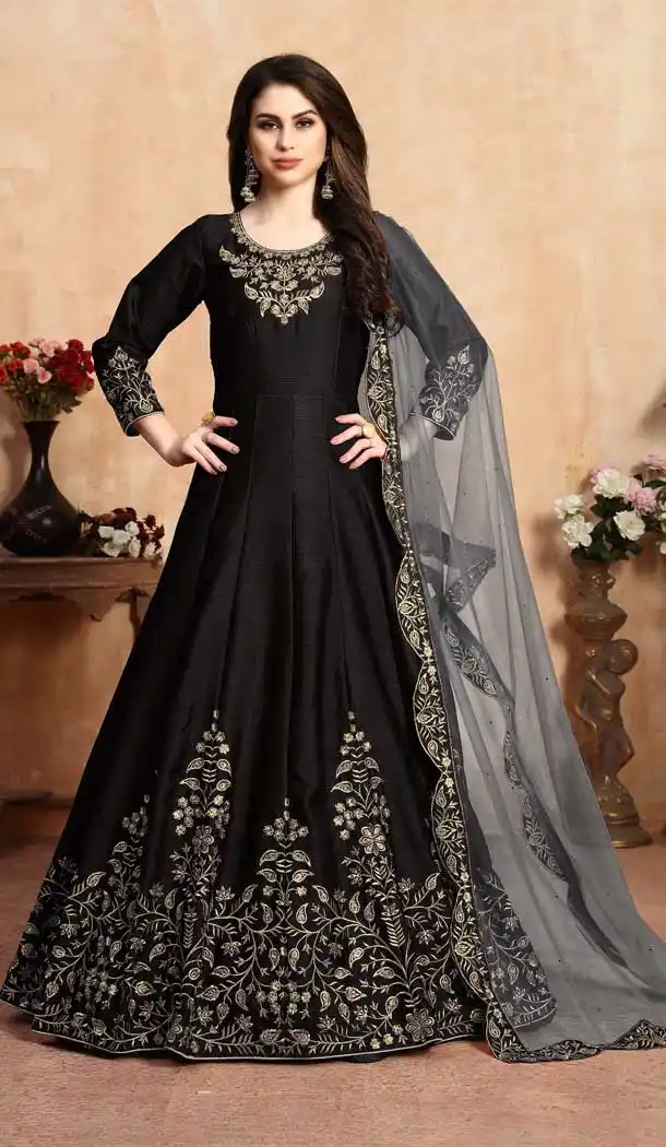 Black Color Art Silk Floor Length Designer Anarkali Salwar Kameez -pf75745529