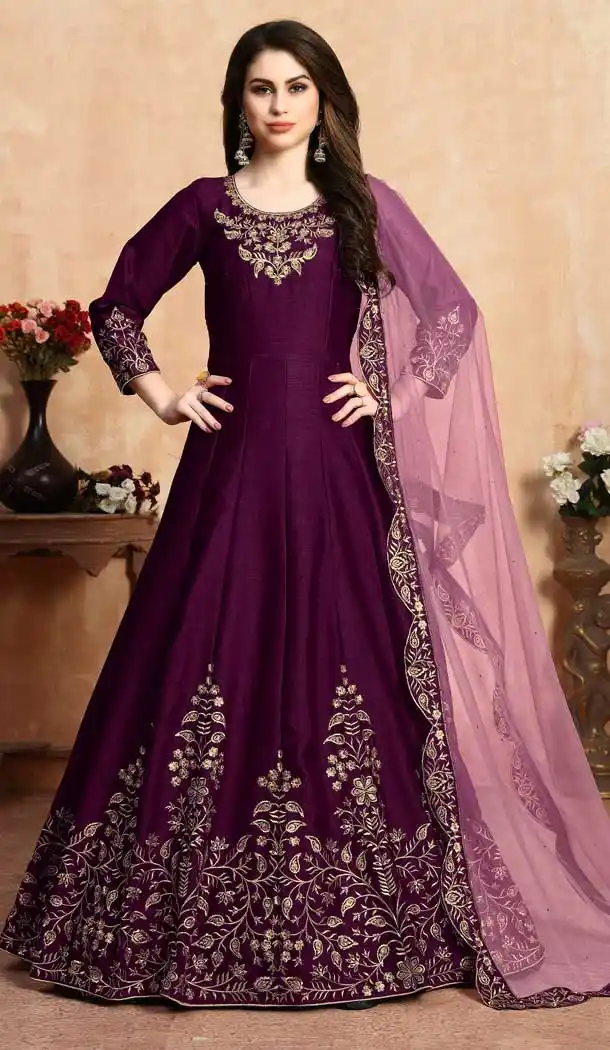 Ethnic Wine Color Art Silk Floor Length Designer Anarkali Salwar Kameez -pf75745530