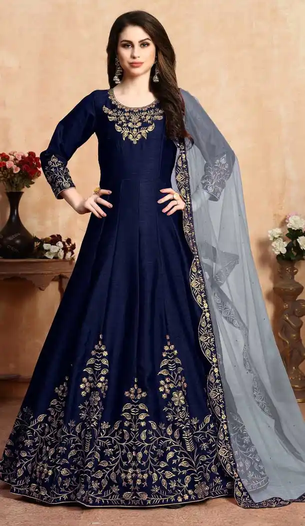 Navy Blue Color Art Silk Floor Length Designer Anarkali Salwar Kameez -pf75745531