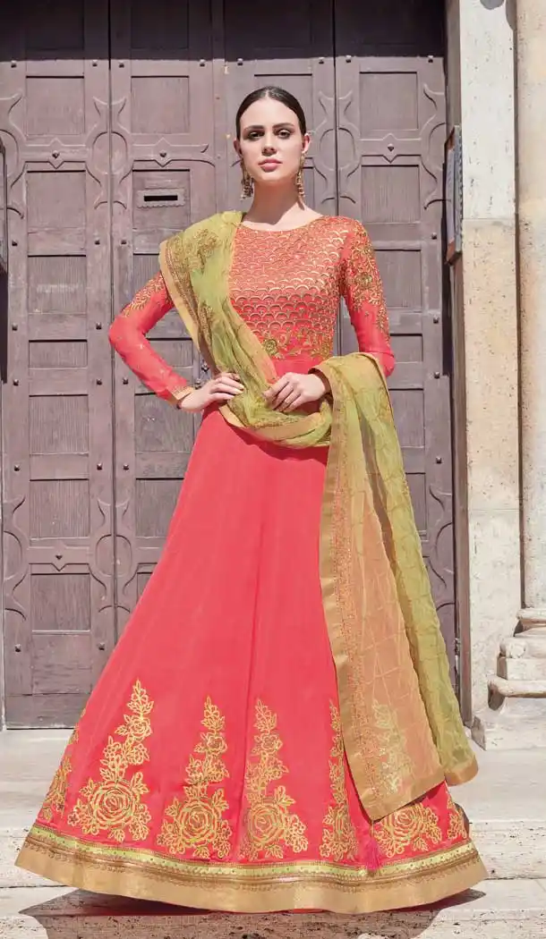 Dark Peach Color Georgette Anarkali Plus Size Salwar Suit -pf76145833