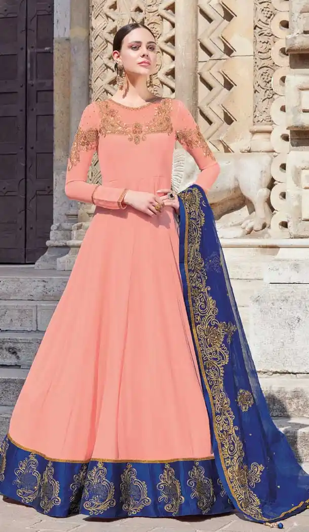 Contemporary Light Peach Color Georgette Anarkali Plus Size Salwar Suit -pf76145834