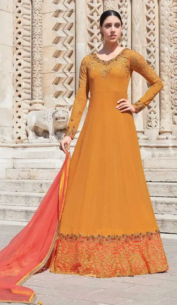 Musturd Yellow Color Georgette Anarkali Plus Size Salwar Suit -pf76145835