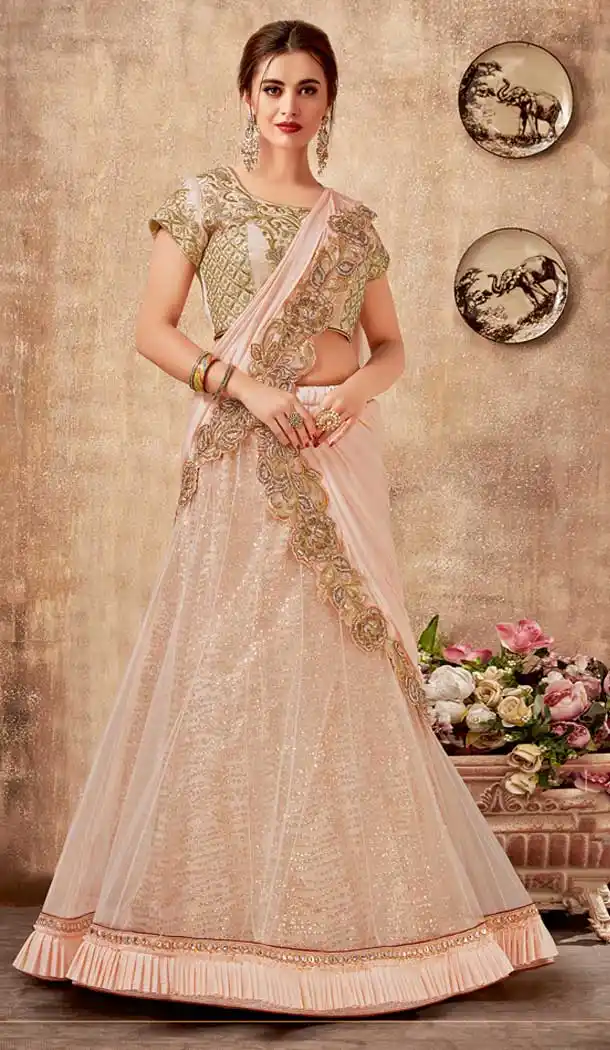 Light Peach Color Net Designer Party Wear Lehenga Choli -pf75725517