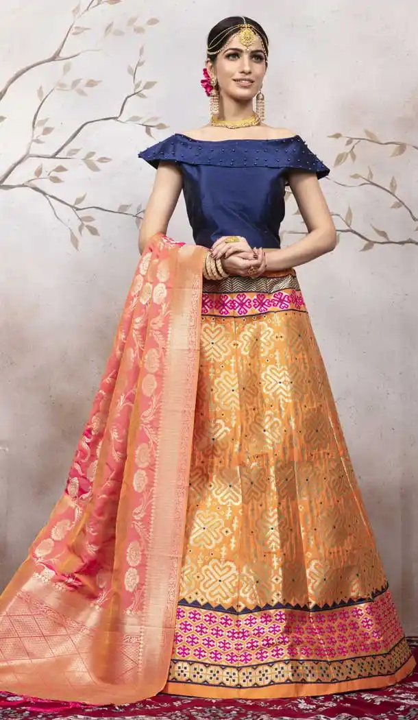 Orange Color Jacquard Silk Traditional Wear Lehenga Choli -pf76075795