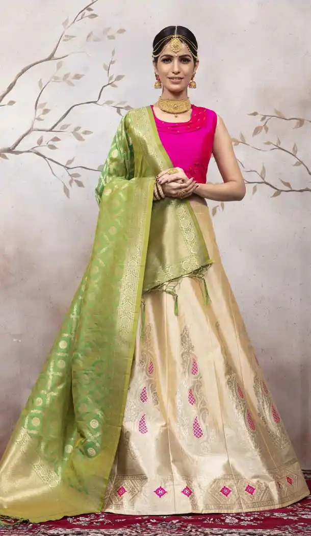 Sparkling Cream Color Jacquard Silk Traditional Wear Lehenga Choli -pf76075796