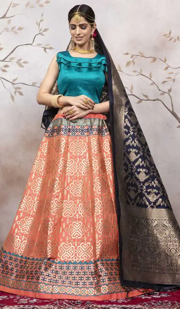 Peach Color Jacquard Silk Traditional Wear Lehenga Choli -pf76075798