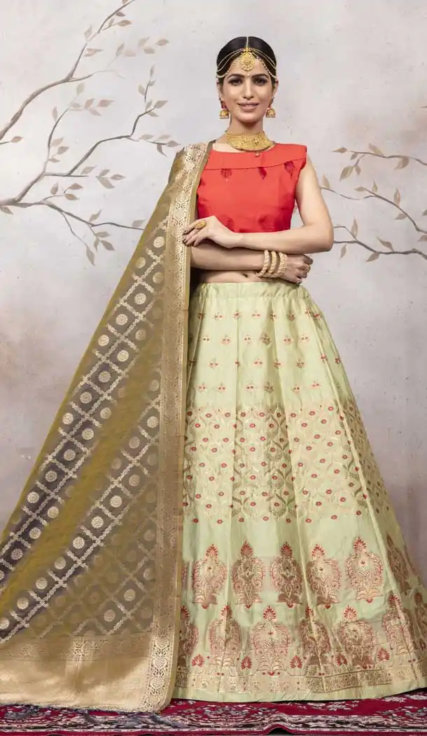 Pastel Green Color Jacquard Silk Traditional Wear Lehenga Choli -pf76075799