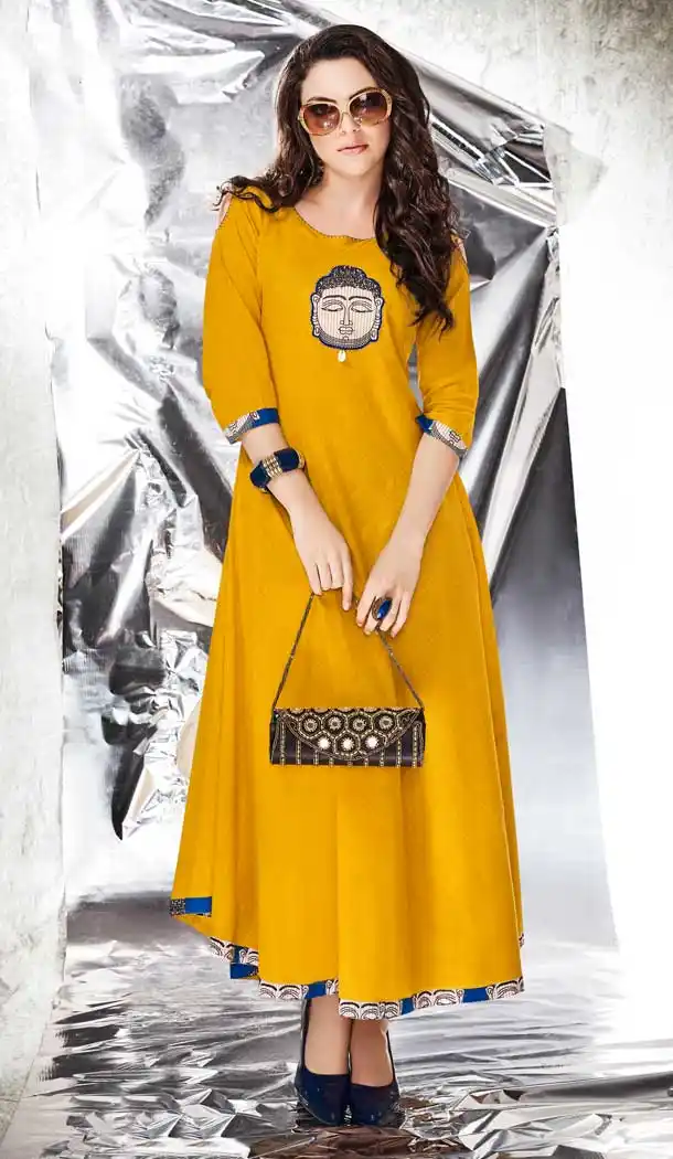 Classy Yellow Color Cotton Slub Designer Readymade Party Kurtis -pf75975723