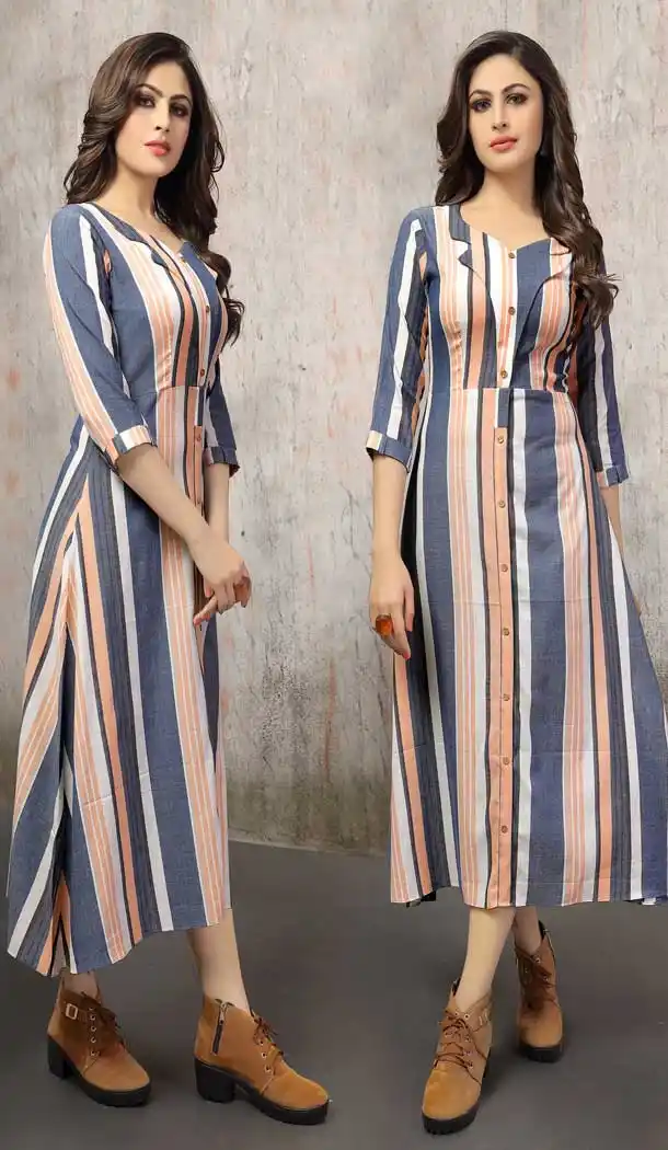 Blue Peach Color Cotton Designer Readymade Party Kurtis -pf76055785