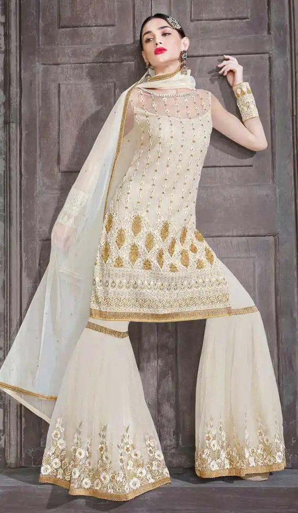 Off-White Color Net Designer Pakistani Sharara Salwar Suit -pf76205883