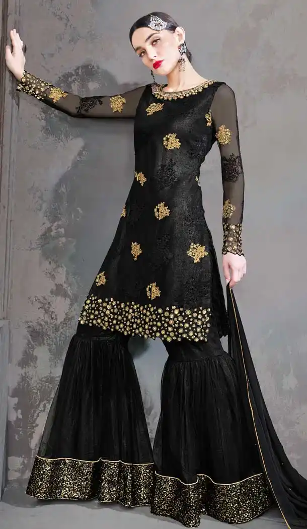 Divine Black Color Net Designer Pakistani Sharara Salwar Suit -pf76205886