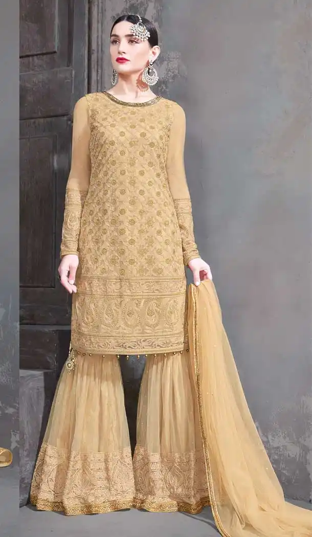Glamorous Beige Color Net Designer Pakistani Sharara Salwar Suit -pf76205887