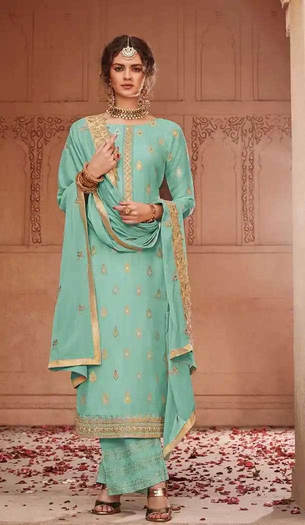 Turquoise Blue Color Jacquard Silk Pakistani Style Palazzo Salwar Suit -pf76255926