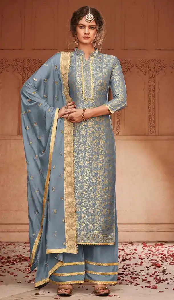 Steel Blue Color Jacquard Silk Pakistani Style Palazzo Salwar Suit -pf76255927