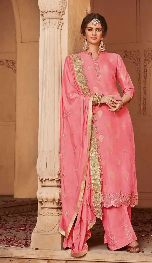 Fancy Pink Color Jacquard Silk Pakistani Style Palazzo Salwar Suit -pf76255928