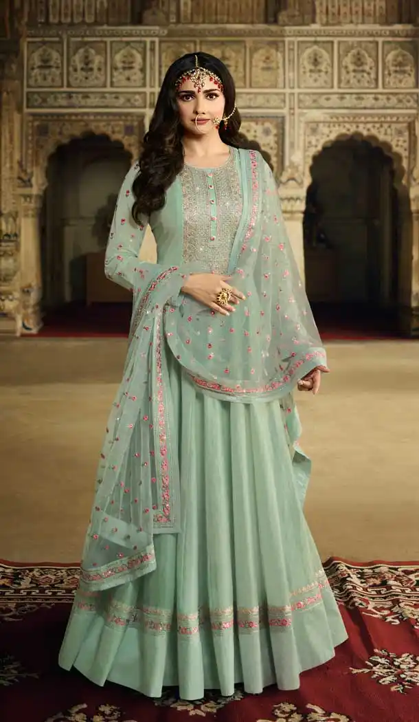 Aqua Blue Color Soft Silk Bollywood Celebrity Prachi Desai Salwar Kameez -pf76406107