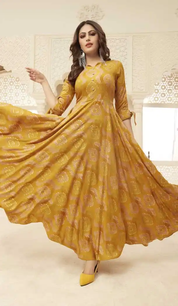 Musturd Yellow Color Rayon Designer Party Wear Readymade Gown -pf76225895