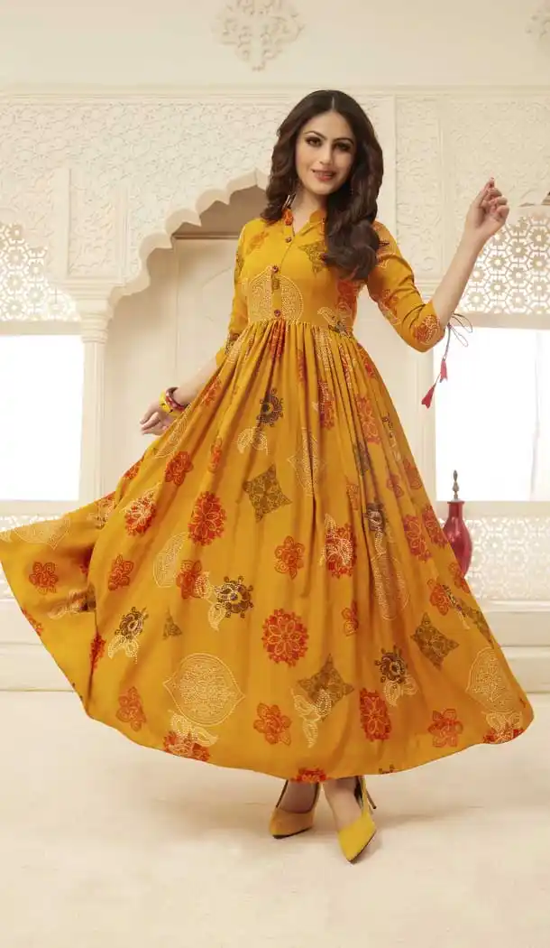 Musturd Color Rayon Designer Party Wear Readymade Gown -pf76225897