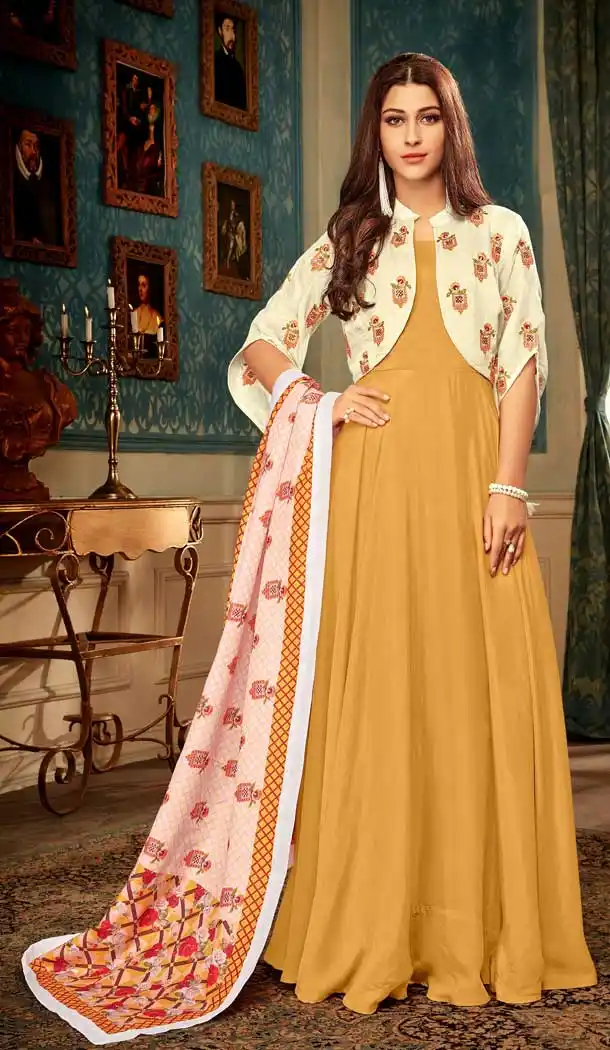 Musturd Yellow Color Muslin Designer Party Wear Readymade Gown -pf76346039