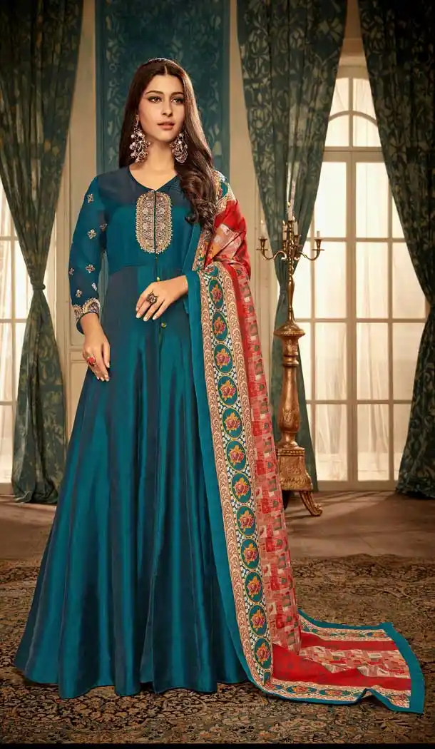 Blue Color Satin Georgette Designer Party Wear Readymade Gown -pf76346040