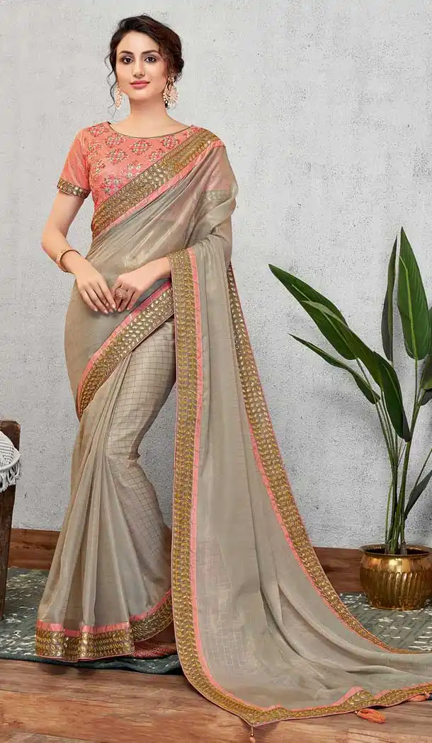 Sand Grey Color Silk Georgette Party Wear Plus Size Saree Blouse -pf76185861