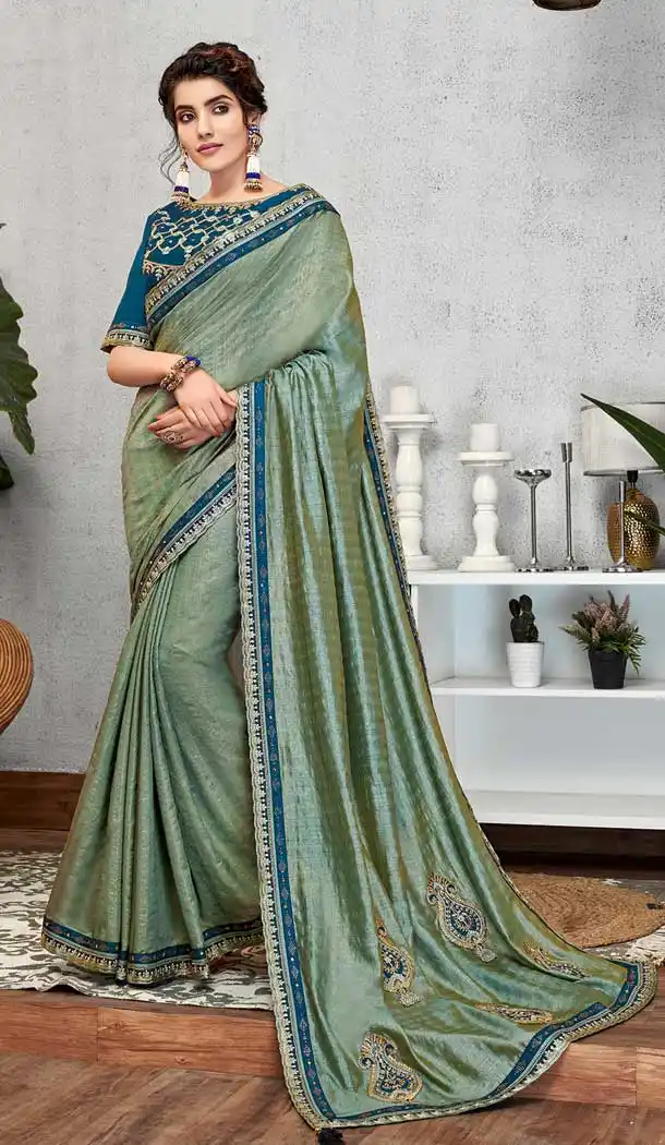 Olive Green Color Jacquard Silk Party Wear Plus Size Saree Blouse -pf76185865