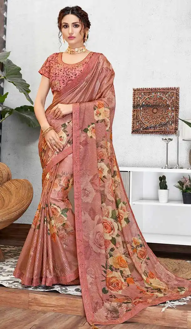 Dusty Pink Color Silk Georgette Party Wear Plus Size Saree Blouse -pf76185866