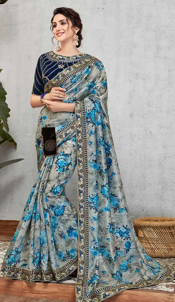 Grey Blue Color Art Silk Party Wear Plus Size Saree Blouse -pf76185871