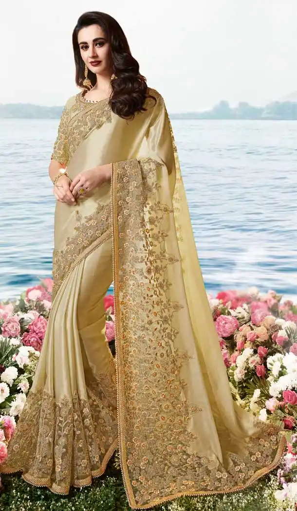 Cream Color Tissue Silk Designer Traditional Wear Saree Blouse -pf76436128