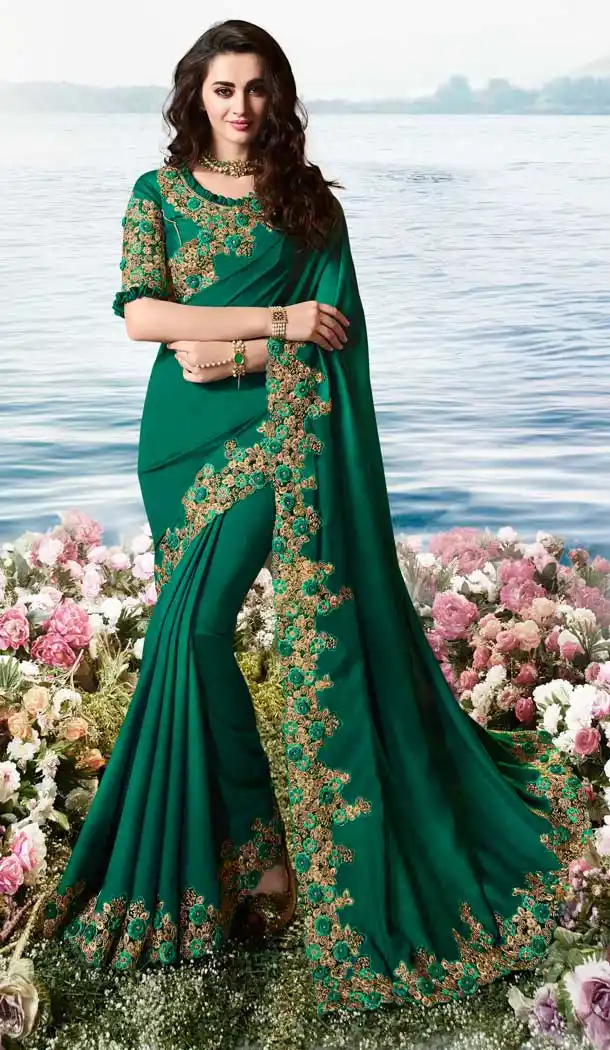 Dark Teal Green Color Satin Silk Designer Traditional Wear Saree Blouse -pf76436136