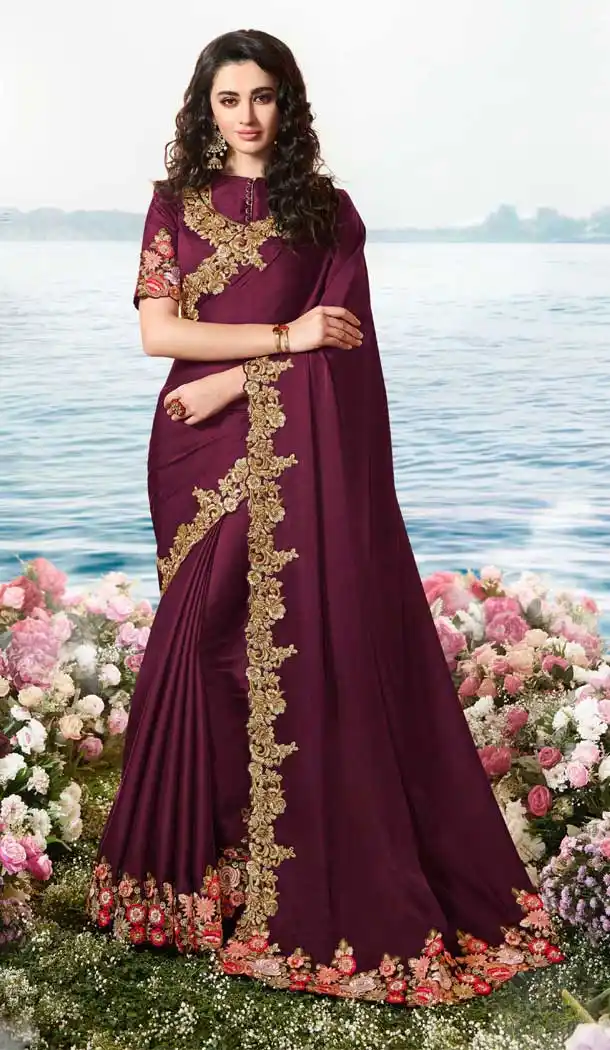 Wine Color Satin Silk Designer Traditional Wear Saree Blouse -pf76436138