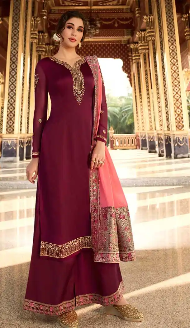 Maroon Color Satin Georgette Party Wear Palazzo Salwar Suit -pf76556262