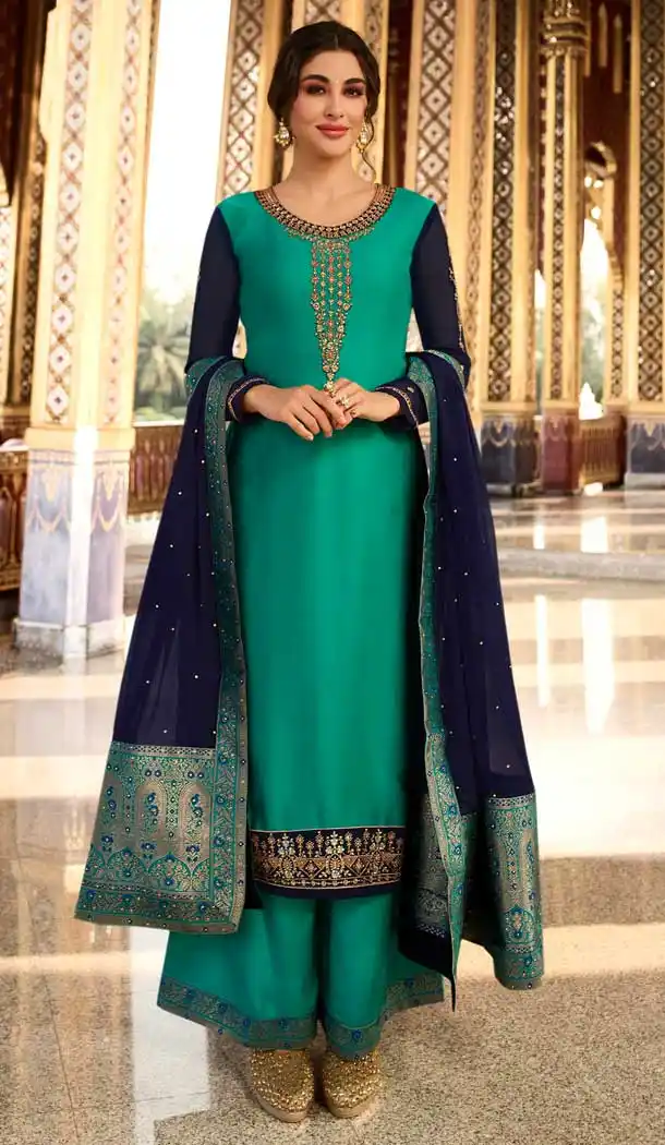 Sea Green Color Satin Georgette Party Wear Palazzo Salwar Suit -pf76556264