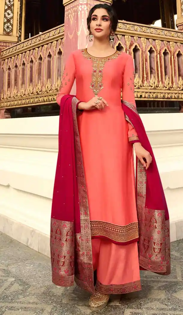 Dark Peach Color Satin Georgette Party Wear Palazzo Salwar Suit -pf76556265