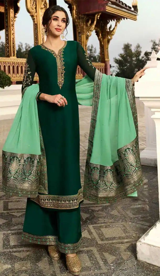 Dark Green Color Satin Georgette Party Wear Palazzo Salwar Suit -pf76556266