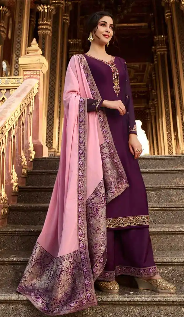 Purple Color Satin Georgette Party Wear Palazzo Salwar Suit -pf76556267
