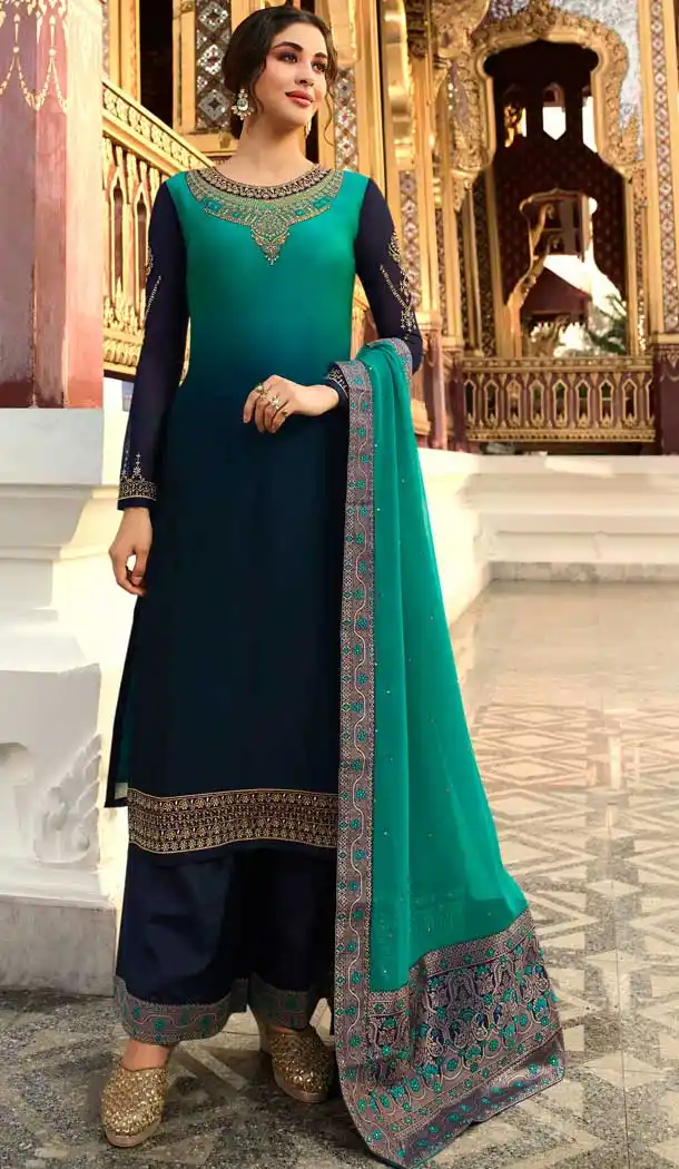 Navy Blue Color Satin Georgette Party Wear Palazzo Salwar Suit -pf76556268