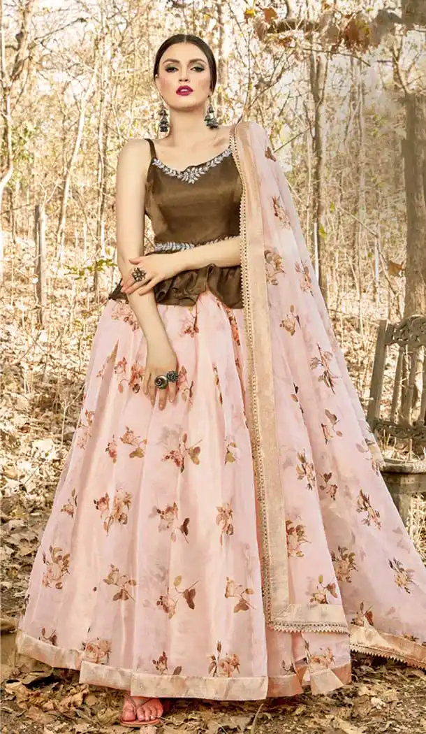 Ethnic Brown Color Orgenza Designer Readymade Party Wear Lehenga Choli -pf76666343