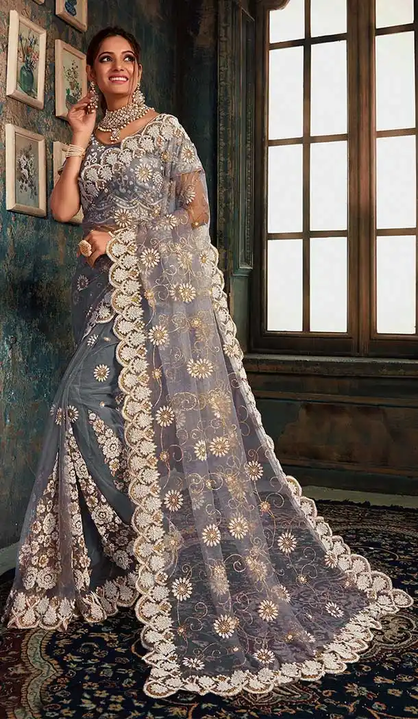 Elegant Grey Color Net Designer Party Wear Saree Blouse -pf770894751
