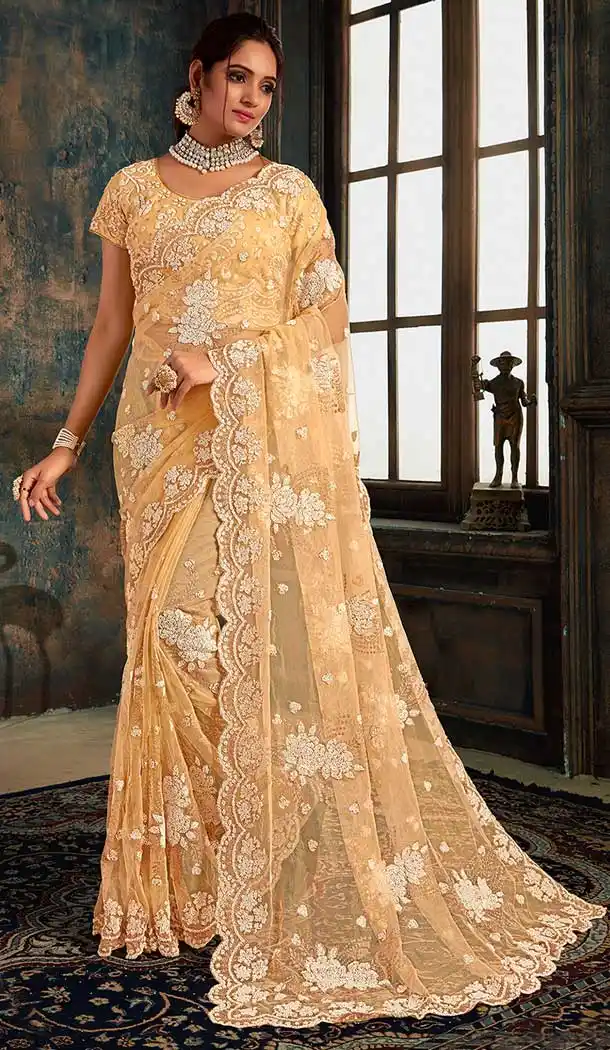 Contemporary Cream Color Net Designer Party Wear Saree Blouse -pf770894752