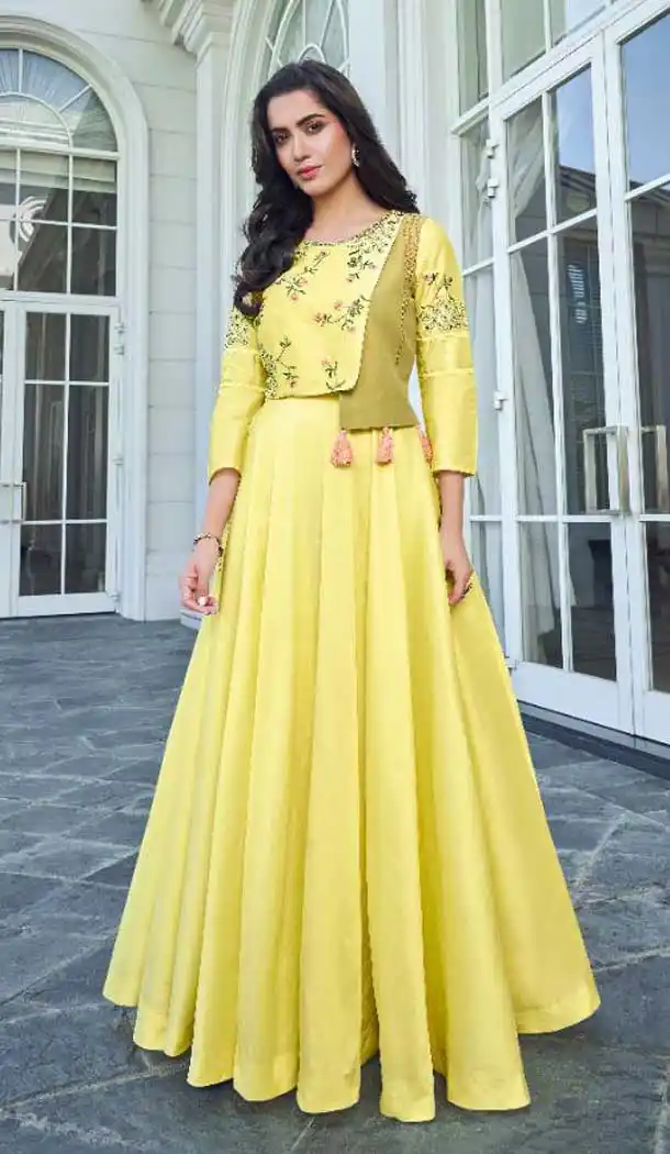 Alluring Yellow Color Soft Silk With Crepe Designer Readymade Kurti -EV536971146