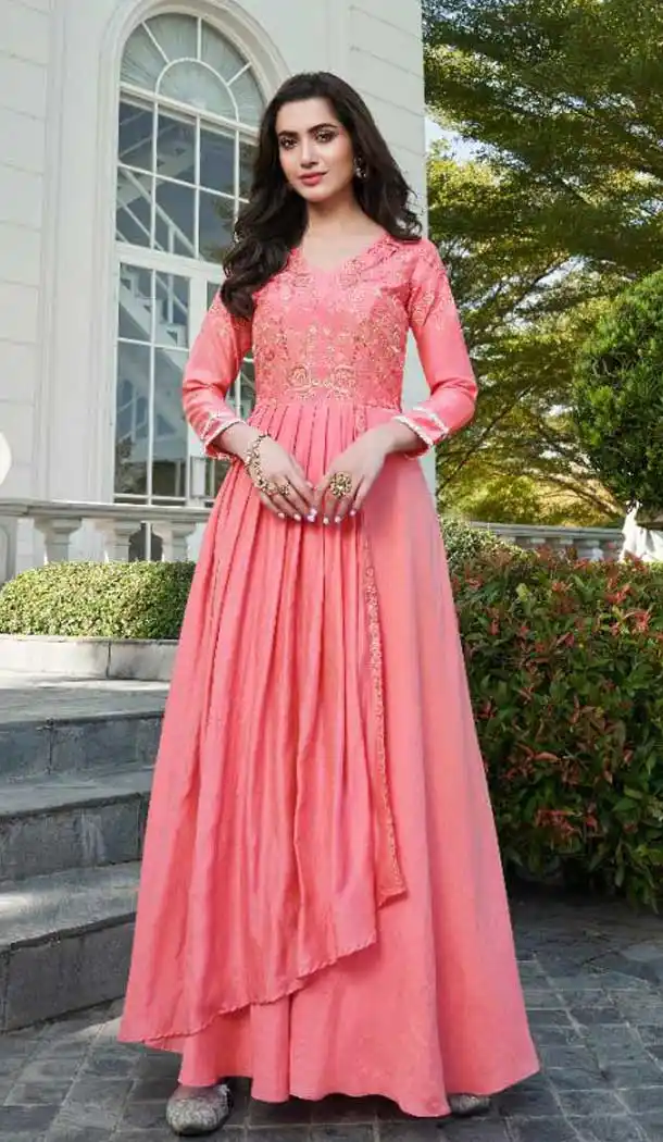 Light Peach Color Soft Silk With Crepe Designer Readymade Kurti -EV536971152