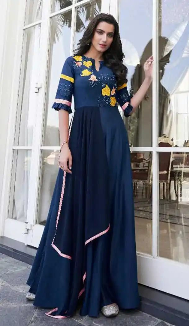 Navy Blue Color Soft Silk With Crepe Designer Readymade Kurti -EV536971153