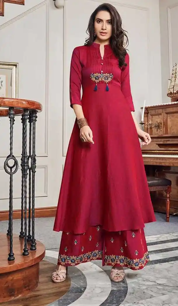 Red Color Cotton Slub Designer Readymade Kurti With Palazzo -EV537071154