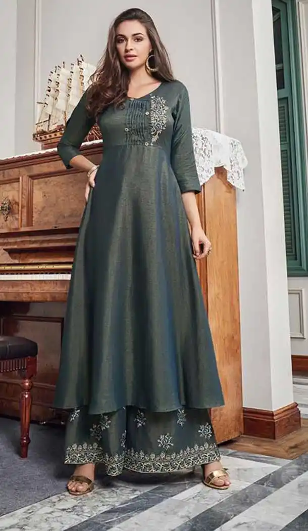 Scintillating Grey Color Cotton Slub Designer Readymade Kurti With Palazzo -EV537071155