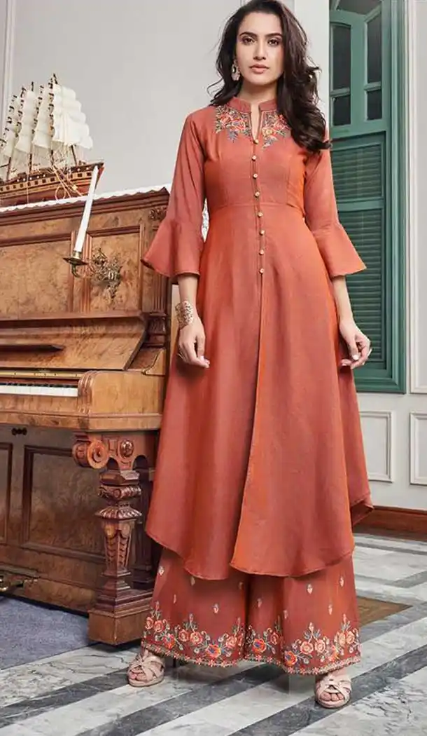 Orange Color Cotton Slub Designer Readymade Kurti With Palazzo -EV537071156